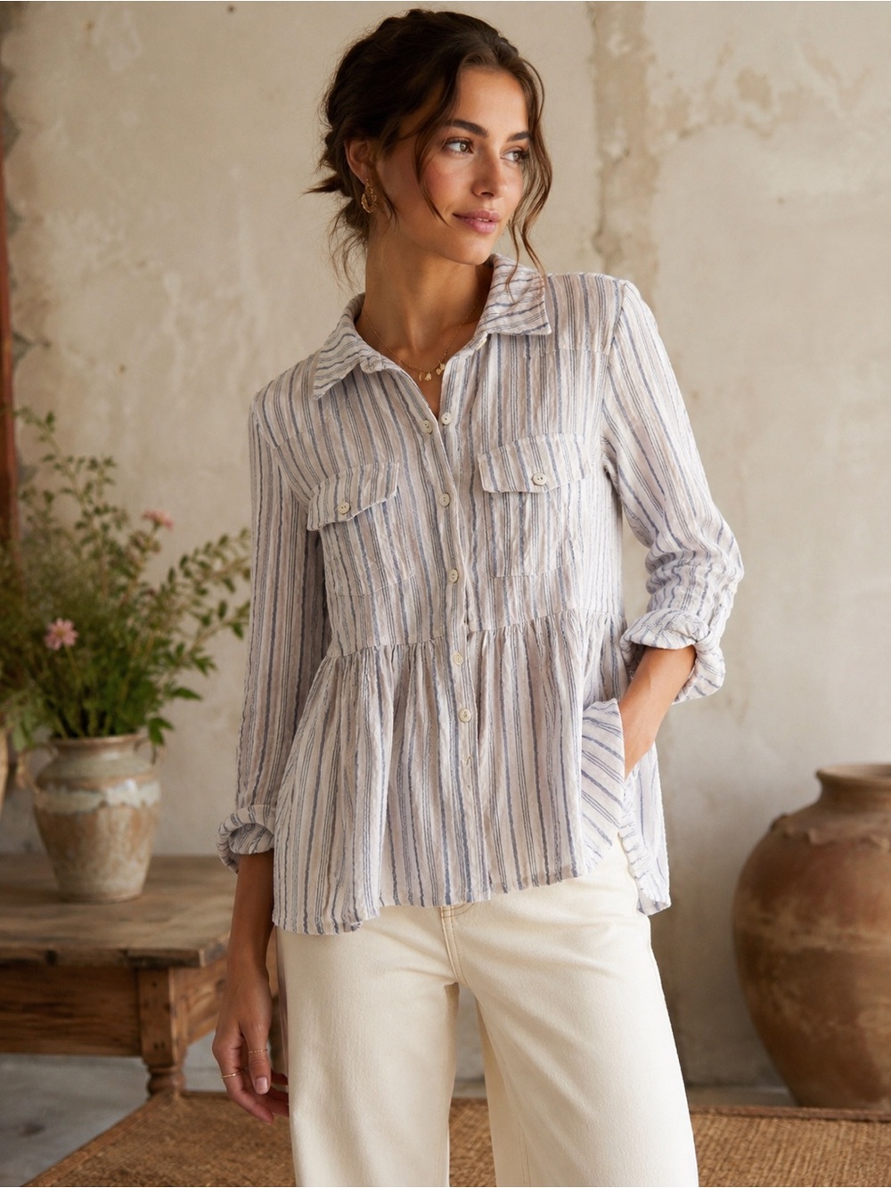 By Together Striped Button-Front Peplum Shirt Cream & Blue - Size S
